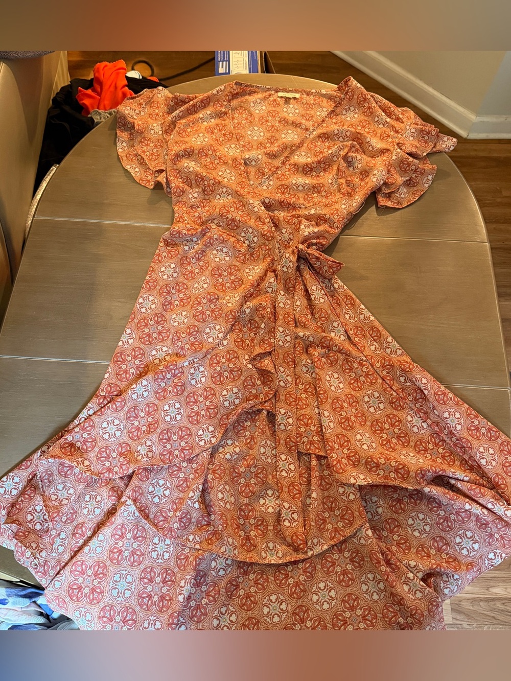 Max Studio Floral Medallion Wrap Midi Dress Large Ruffle High Low